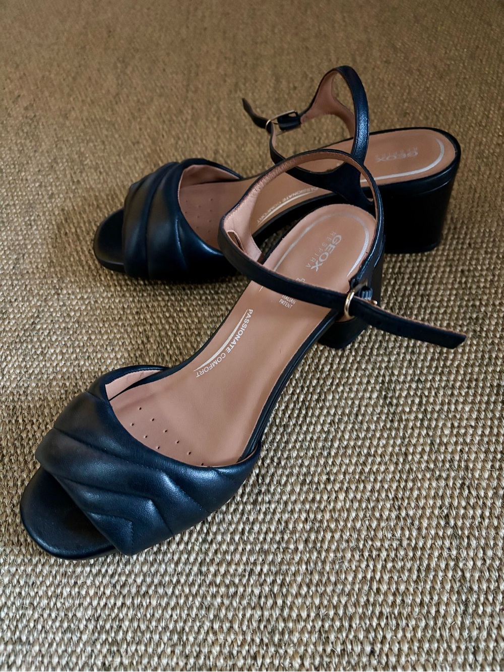 GEOX Black Quilted Open-Toe Ankle-Strap Block Heels